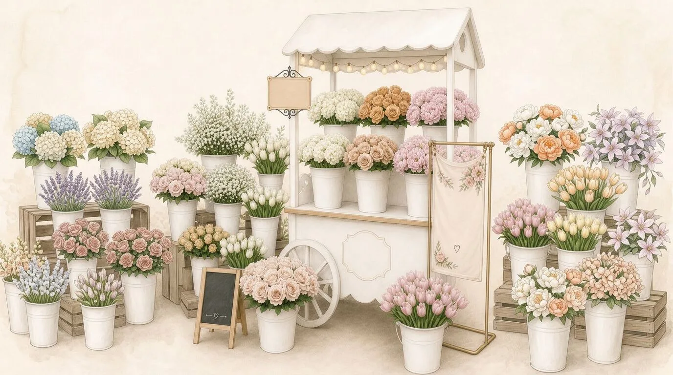 Custom Bloom Bar cart filled with seasonal roses, daisies, and eucalyptus for guests to wrap their own bouquets — floral add-on from our Winslow's Catering Concord team