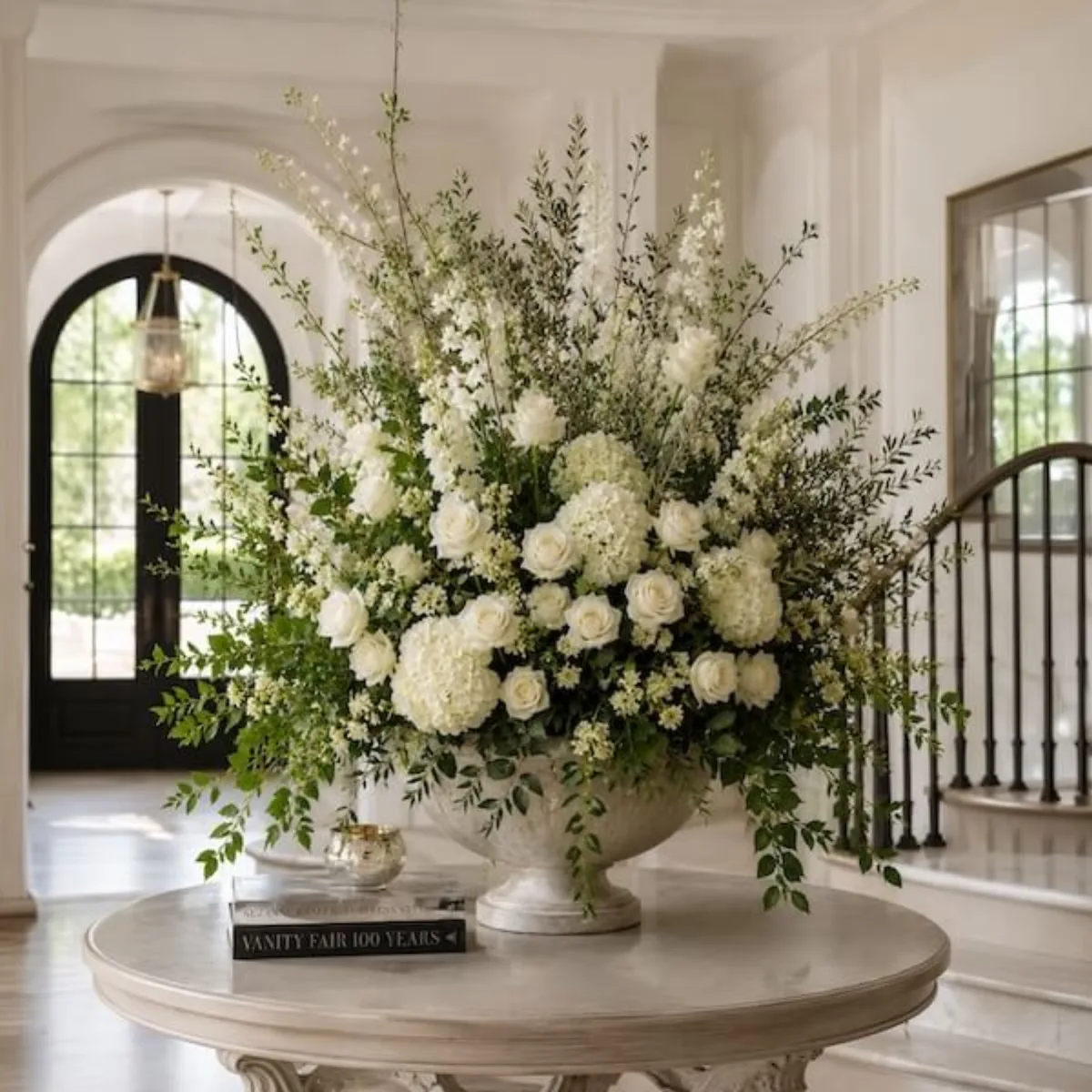Large elegant neutral impact floral arrangement with white, cream blooms and greenery in an oversized urn on an entryway table