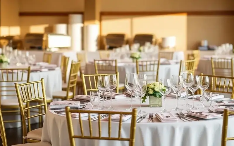Concord event rentals from Winslow’s Catering featuring formal place settings, white tablecloths, gold seating, and warm natural light.