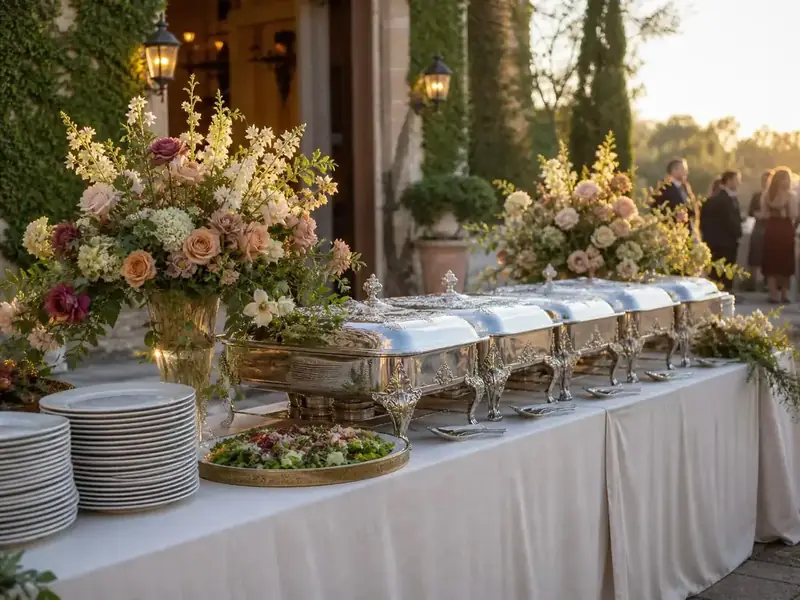 Concord reception table by Winslow’s Catering featuring covered serving dishes, stacked china, and dramatic garden-style flowers.