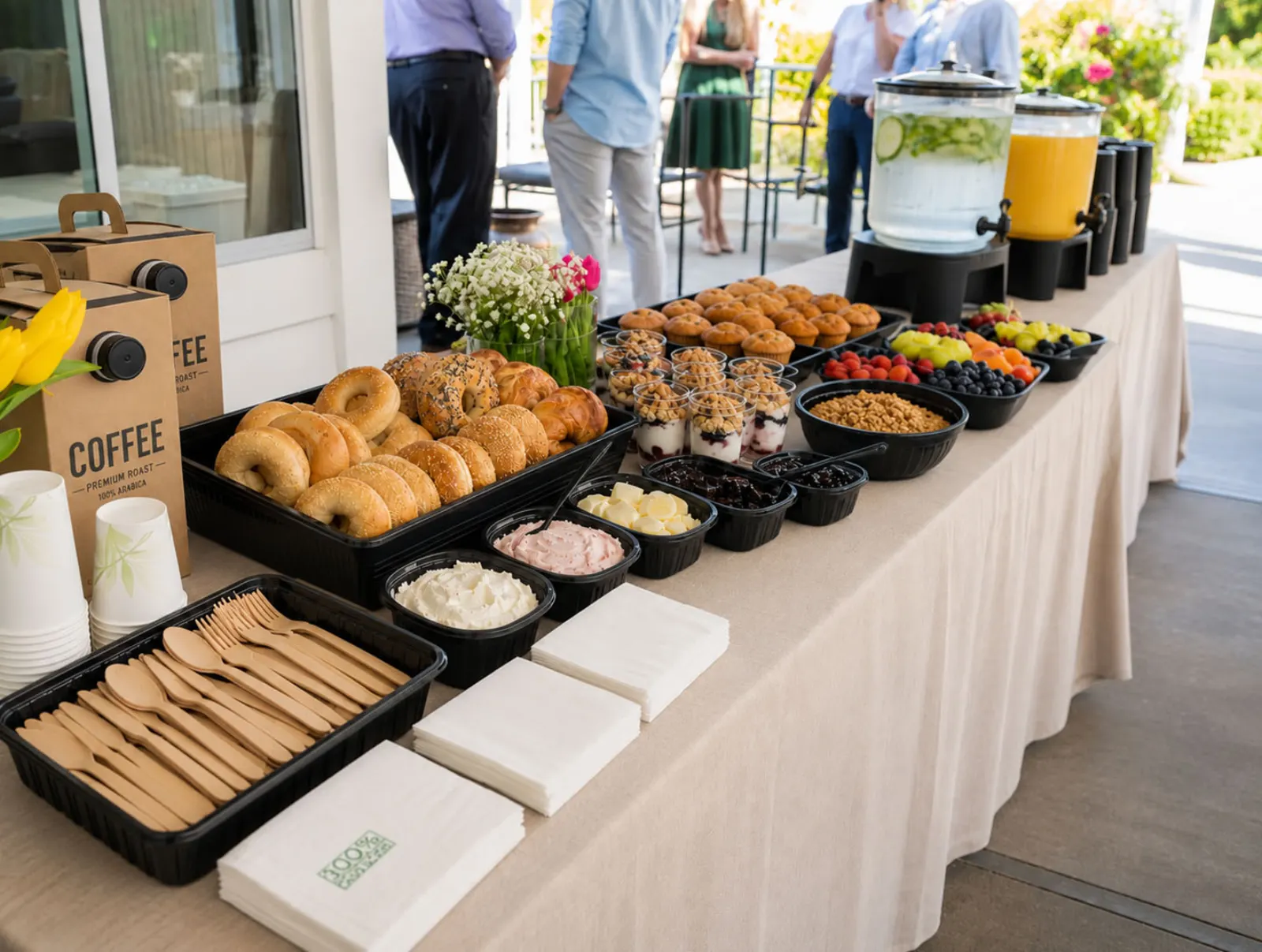 Drop-Off Continental Breakfast by Winslow's Catering Concord Drop-off continental breakfast display with bagels, muffins, yogurt parfaits with granola, fresh fruit and berries, coffee, iced water, and orange juice on a linen-draped outdoor buffet by Winslow's Catering Concord