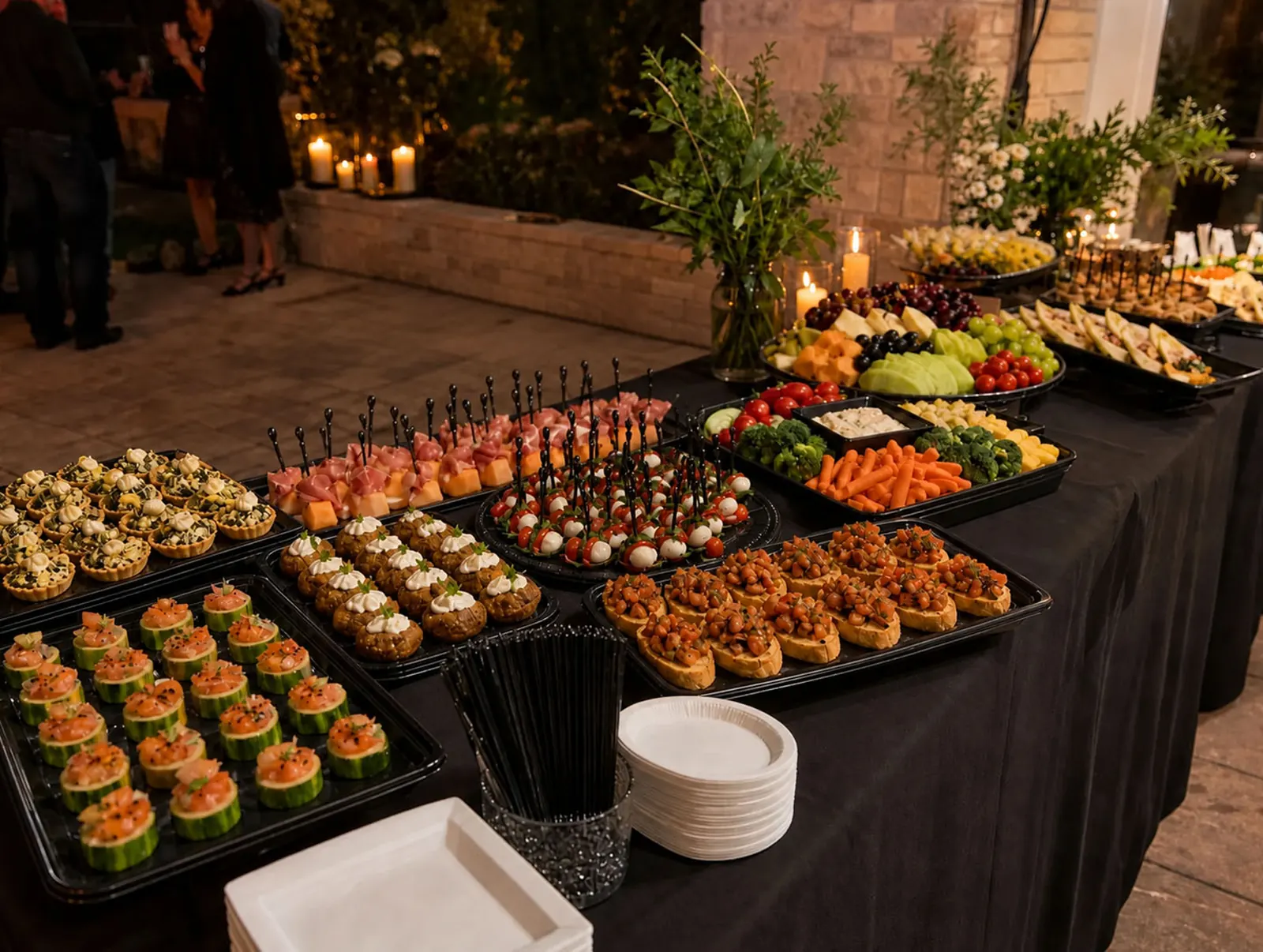 Drop-Off Appetizer Station Elegant evening drop-off appetizer station with caprese skewers, prosciutto and melon, bruschetta, stuffed mushrooms, smoked salmon cucumber cups, artichoke tartlets, crudité, fresh fruit and cheese trays, and candlelit florals by Winslow's Catering Concord