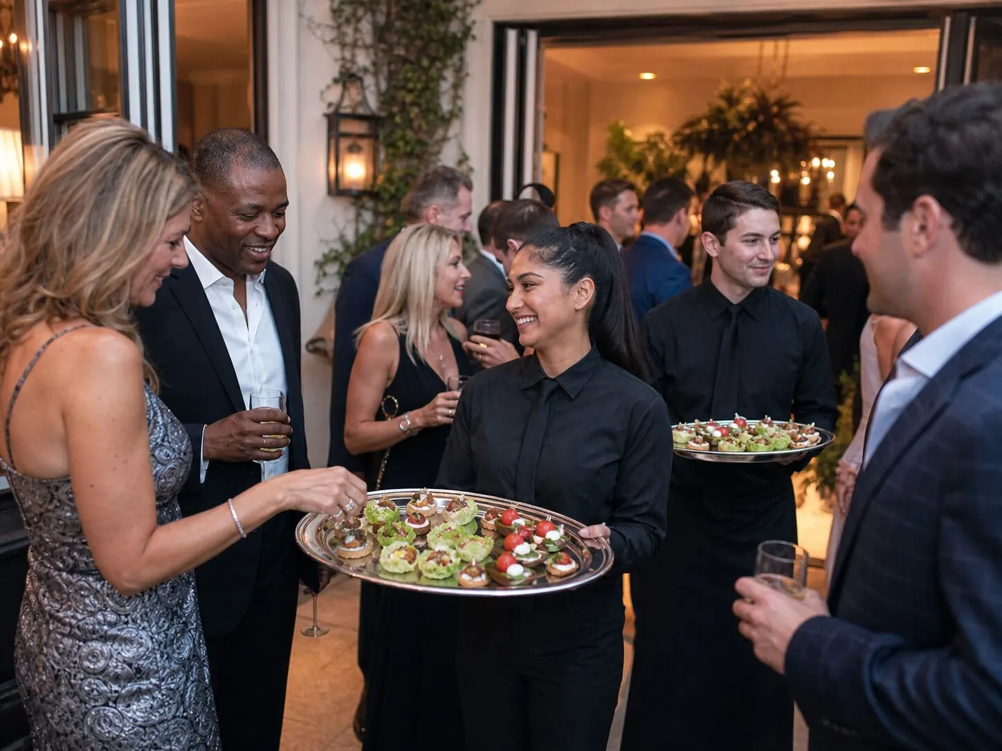 Server passing hors d'oeuvres during cocktail hour at a Contra Costa County reception catered by Winslow's Catering Concord