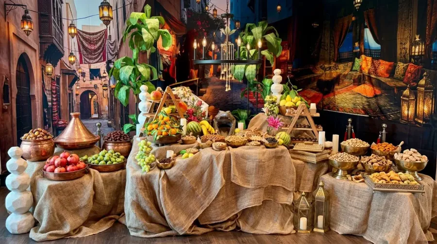 Themed grazing tablescape of dried fruit, nuts and honeyed sweets on jewel-toned linens with layered decor — themed styling for Pittsburg catering and Concord celebrations