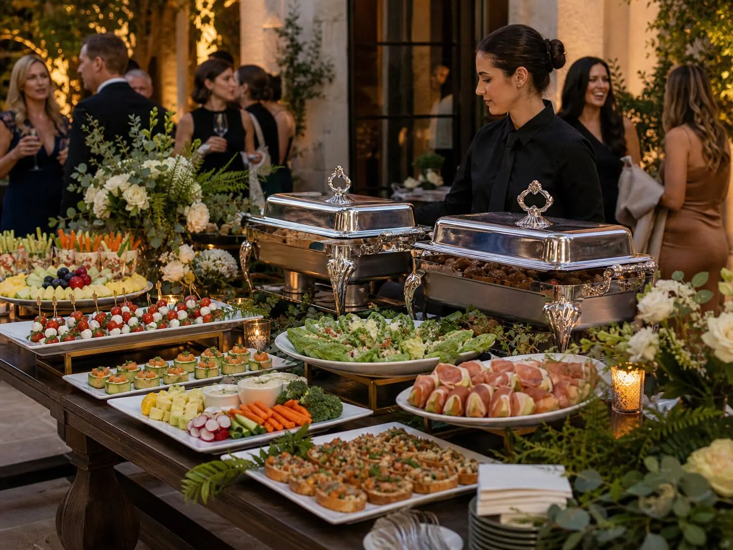 Attended appetizer station framed by fresh florals with warm chafers and platters at an outdoor reception — floral starter styling for Antioch catering and Concord receptions