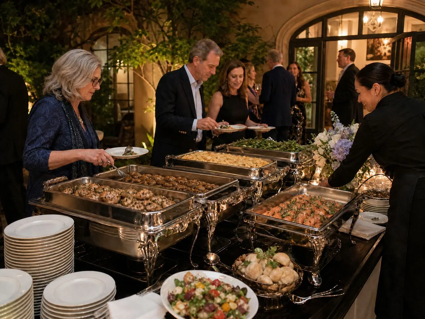 Twilight courtyard supper line with attendants tending polished chafers as candlelit tables wait behind them — staffed dinner service for Hercules catering and Concord evening events