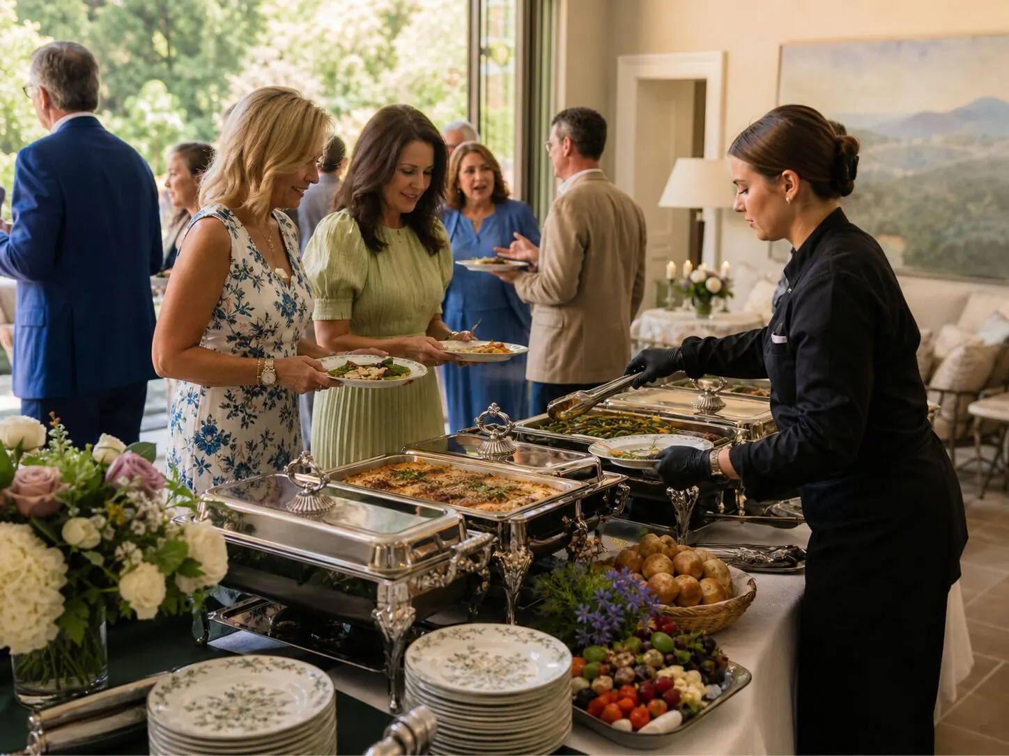 Server portioning entrées from gleaming silver chafers for a queue of guests inside a sunlit estate room — attended lunch service for Lafayette catering and Concord celebrations