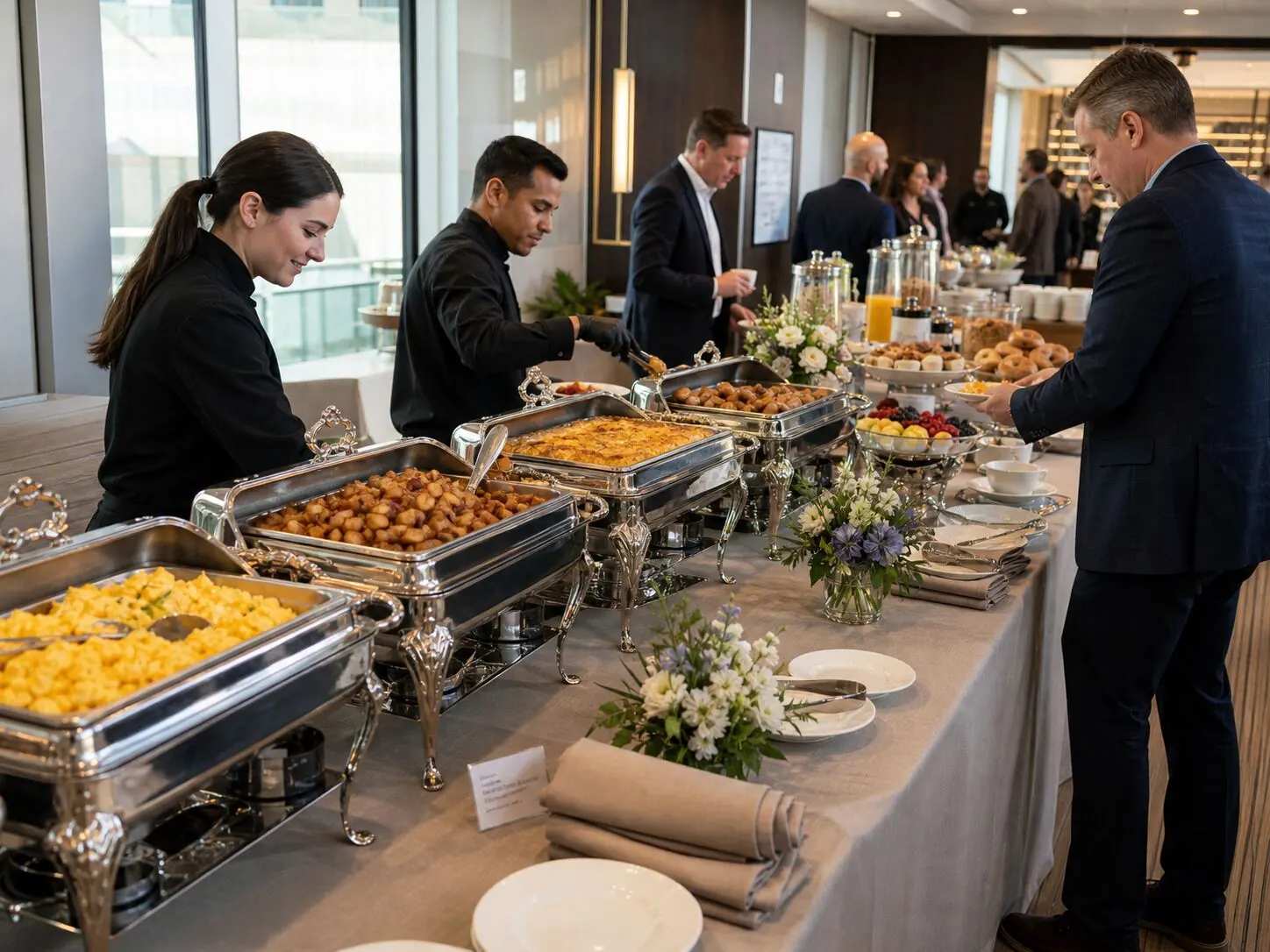 Staffed corporate lunch line with hot entrees, grains and salads at a Pleasant Hill office event by Winslow's Catering Concord