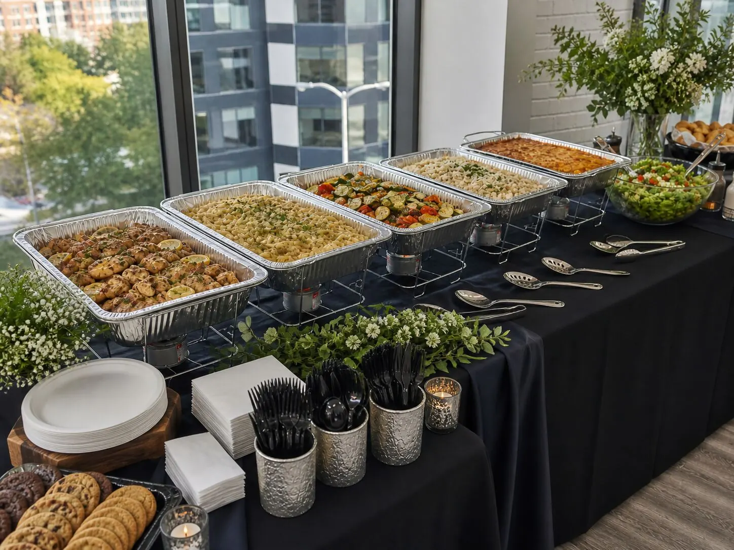 Midday chafer buffet with baked pasta in sauce, oven-roasted vegetables, herbed potatoes, tossed greens and a tray of cookies and bars — hot lunch delivery for Martinez catering and Concord jobsites