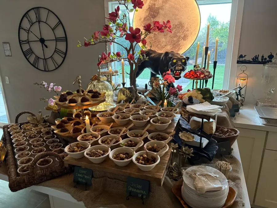 Mediterranean supper spread of shawarma chicken and döner kebob presented on a fully coordinated tablescape — dinner styling for Martinez catering and Concord events
