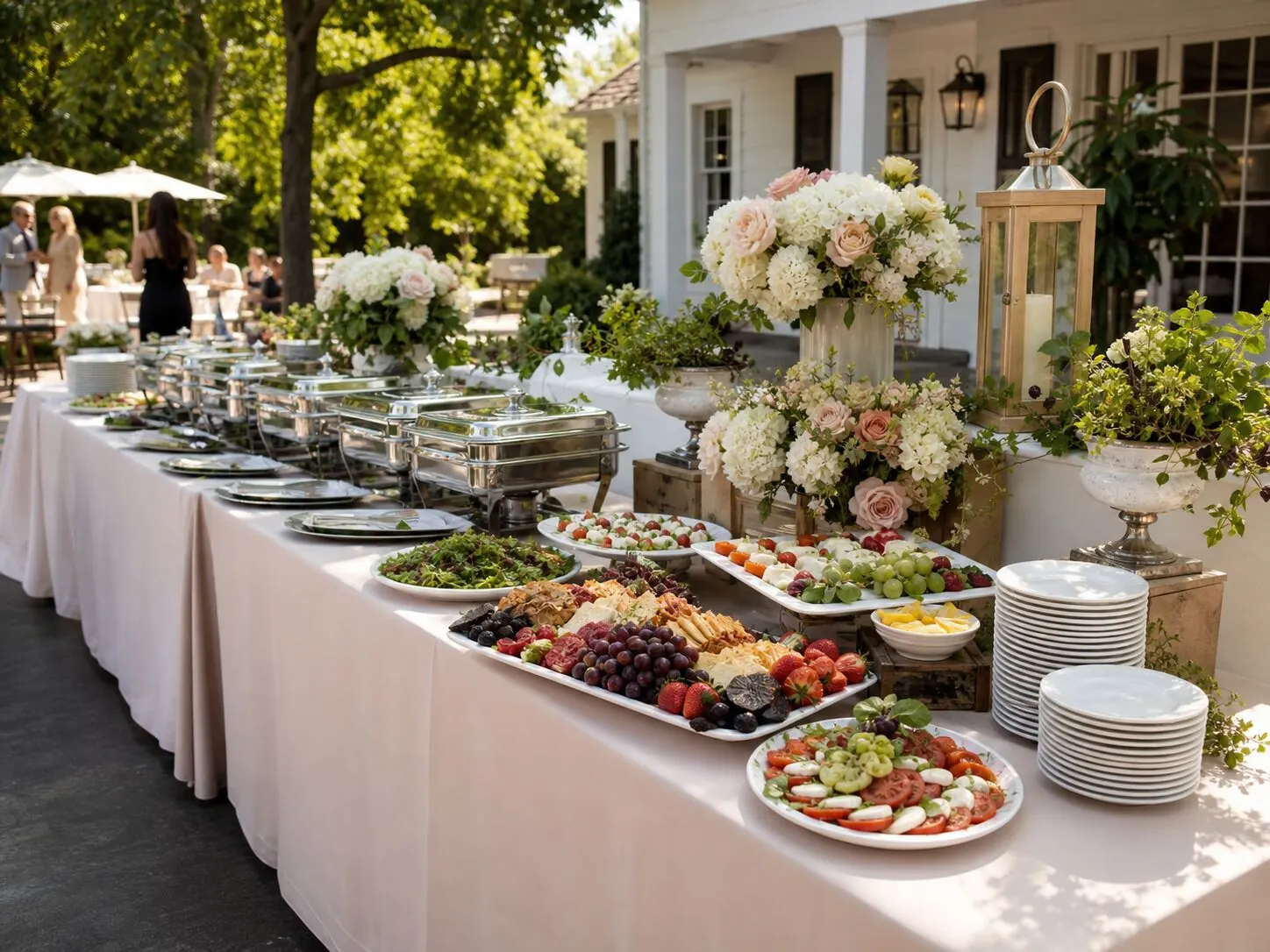 Open-air dinner buffet finished with fresh floral arrangements beside silver chafers, charcuterie and cut fruit — outdoor Concord catering styled with flowers